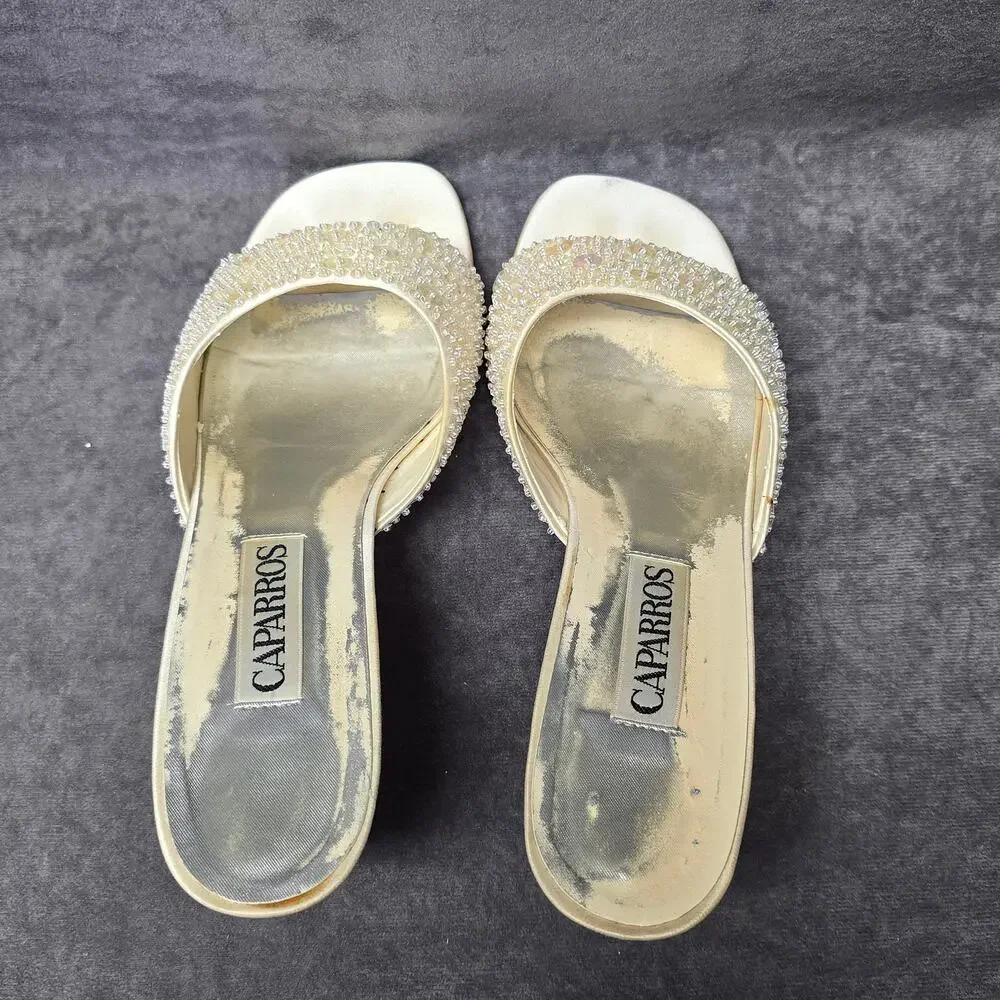 Caparros White Sequin Open Toe Slide On High Heels Mules Women's Size 8B